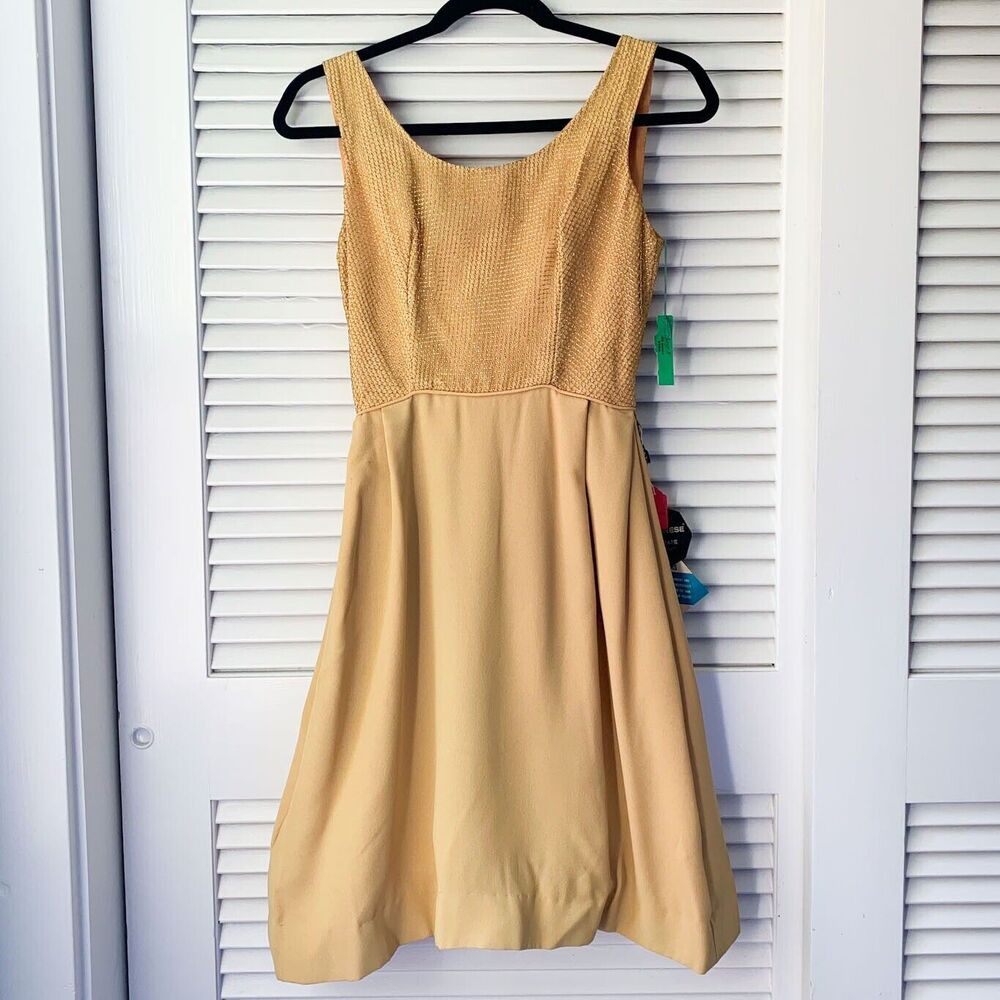 Deadstock Vintage 1960s 60s Gold Crepe Sheath Dress with Metallic Fishnet XS NWT